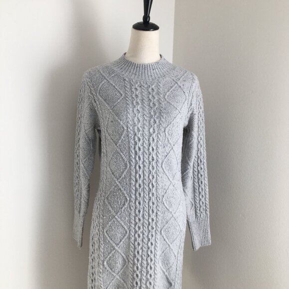 LUCKY BRAND Long Sleeve Gray Mixed Knit Mock Neck Slit Hem Sweater Dress - Picture 6 of 13